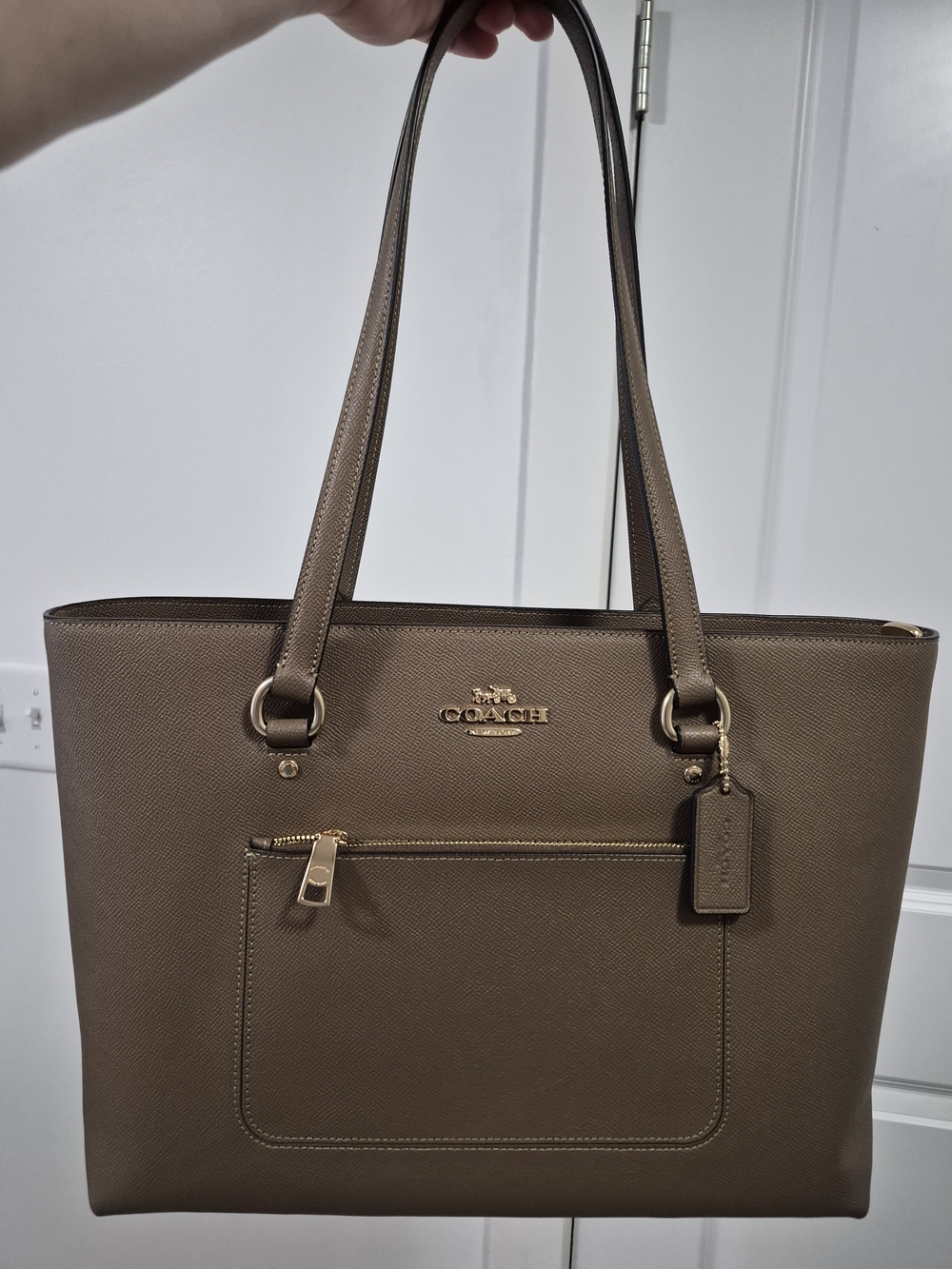 COACH Taupe Brown Saffiano Leather Tote with Front Zip Pocket